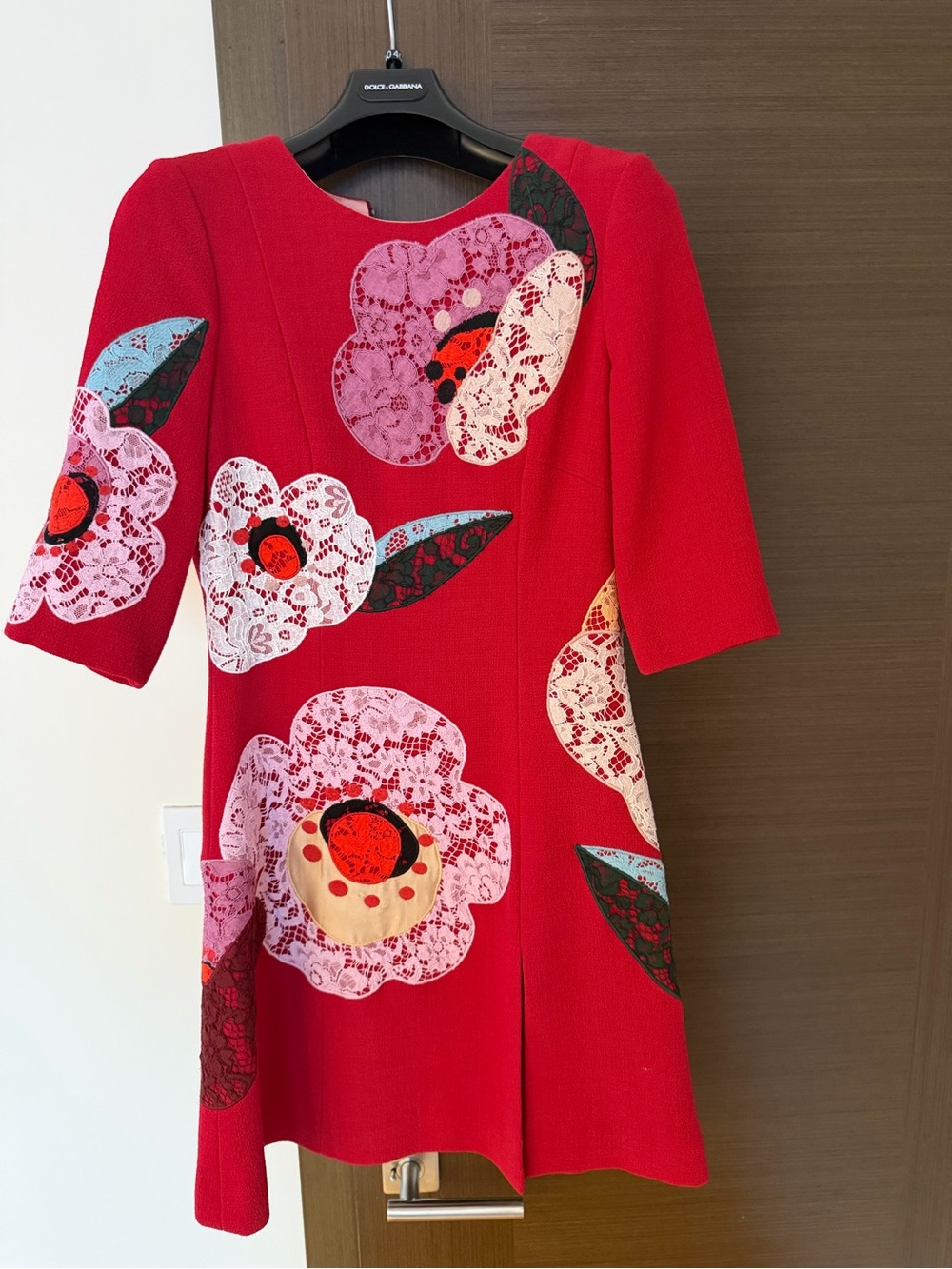 Dolce & Gabbana Red Floral Lace Appliqué Mini Dress Sz 40 NWT